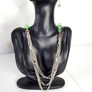Layered Silver-tone Chain Necklace with Green Beads and Matching Earrings